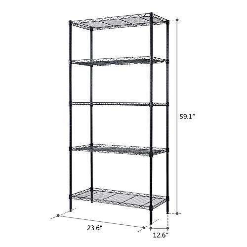 5-Tier Shelf, Adjustable Wire Metal Rack Shelving, Heavy Duty Standing Storage Shelves, Garage, Kitchen, Office, Bathroom, Shelfs Easy Assembly, 24" W x 13" D x 59" H, Black - color: Black, size: 5-tier 23.62"W x 12.6"D x 59.06"H