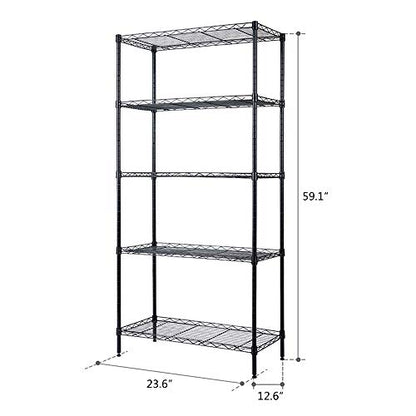 5-Tier Shelf, Adjustable Wire Metal Rack Shelving, Heavy Duty Standing Storage Shelves, Garage, Kitchen, Office, Bathroom, Shelfs Easy Assembly, 24" W x 13" D x 59" H, Black - color: Black, size: 5-tier 23.62"W x 12.6"D x 59.06"H