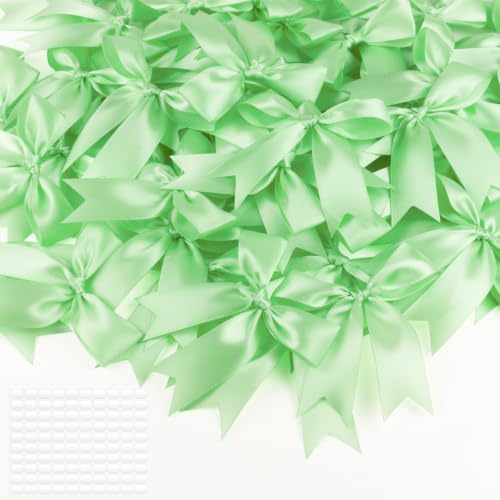Mint Green Bows 60 Pcs 3.5 Inch Pre-Tied Satin Ribbon Bows, Adhesive Dots - color: Mint green, size: 60 PCS