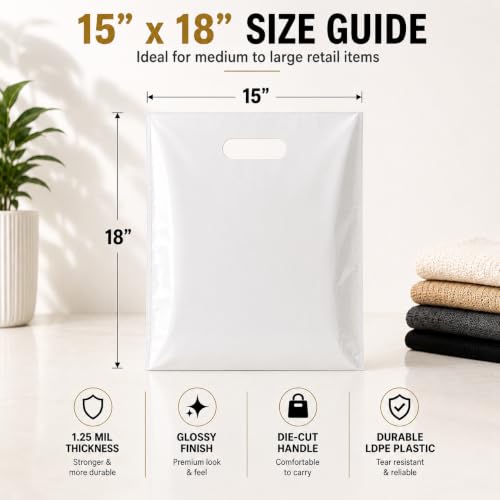 White Plastic Merchandise Bags, Die Cut Retail Shopping Bags for Small Business, Boutique & Store Packaging, 1.25 Mil, 9x12, 12x15, 15x18, Packs of 100, 200, 500 (100, 15x18) - size: 15x18