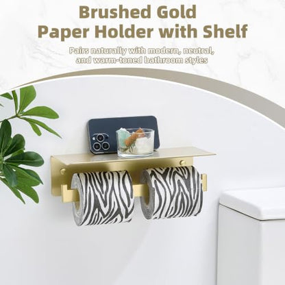 APLusee Brushed Gold Double Toilet Paper Holder with Shelf, 304 Stainless Steel Wall Mount Tissue Roll Holder for Bathroom - color: Brushed Gold, size: Double Rod