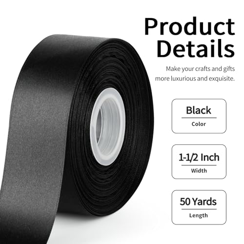 Mauproy Black Satin Ribbon, 1-1/2 Inch, 50 Yards - color: Black