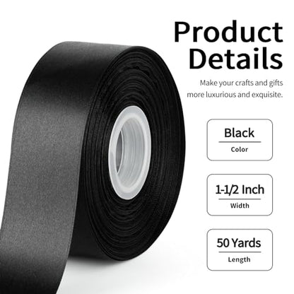 Mauproy Black Satin Ribbon, 1-1/2 Inch, 50 Yards - color: Black