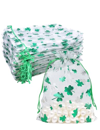 Jexila 50PCS St.Patrick's Day Organza Gift Bags Shamrock Clover Drawstring Goodie Treat Bag St.Patrick's Party Favors for Kids Classroom - color: Green