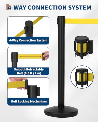 GarveeTech Crowd Control Stanchion Set 4 Pack with Retractable Belt, Heavy Duty Crowd Control Barrier, Commercial Line Dividers Queue Stanchion Posts for Events Bank Hotel, 6.6 ft/2 m Yellow Belt - color: Yellow, size: 4 Pack