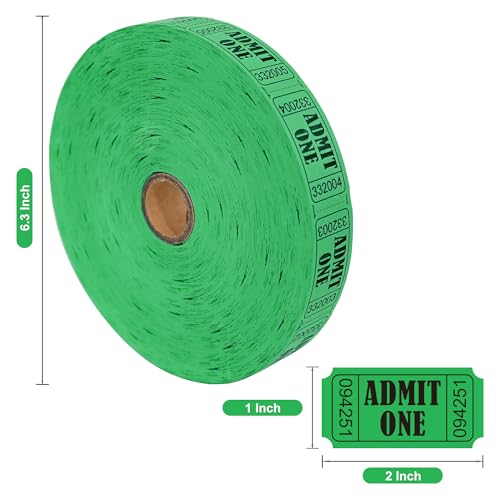 LLIKED 2000 Green Raffle Tickets 1" x 2" Admit One Single Roll - size: 2000 Green