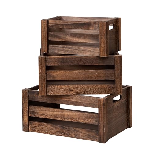 Set of 3 Nesting Wooden Crates, Small Rustic Farmhouse Wood Storage Boxes with Handles, Stackable Compact Organizer Bins for Kitchen Bathroom Bedroom Decor, 3 Sizes (Retro Brown)