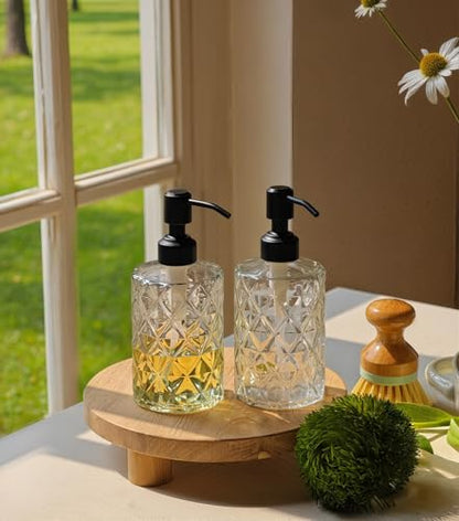 JASAI Diamond Design 12 Oz Glass Soap Dispenser with Black Pump - color: Clearglass-black Pump, style: Diamond