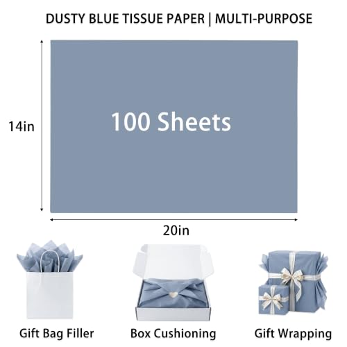 100 Sheets Dusty Blue Tissue Paper Bulk, 20 x 14 Inches