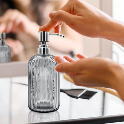 18 Oz Glass Soap Dispenser with Stainless Steel Pump, Modern Ribbed Design Refillable Liquid Soap Bottle for Bathroom, Kitchen, Hand Soap, Dish Soap, or Lotion (Grey) - color: Gray