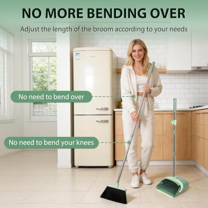 YZO Broom and Dustpan Set, 54.33 Inch Long Handle Standing Design, Dustpan Front Rubber Tight Seal, Broom with 5 Layer Bristles, Suitable for Living Room, Bedroom, Yard, Office (Green) - color: Green