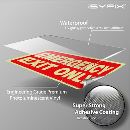 iSYFIX Emergency Exit Only Glow in the Dark Signs, 10x7 Inch, 6 Pack - size: 6 Pk 10x7, style: Sticker Glow