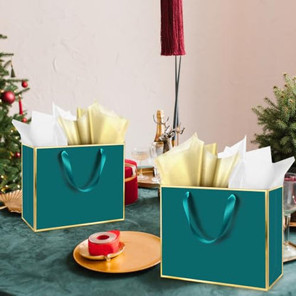 ReliThick 12 Pack Paper Gift Bag with Handles & Tissue, Turquoise,Gold - color: Turquoise,Gold