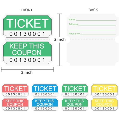 L Liked 1000 Pairs 50/50 Raffle Tickets, Double Rolls - color: 1000 Assortede (Red,yellow,blue,green)