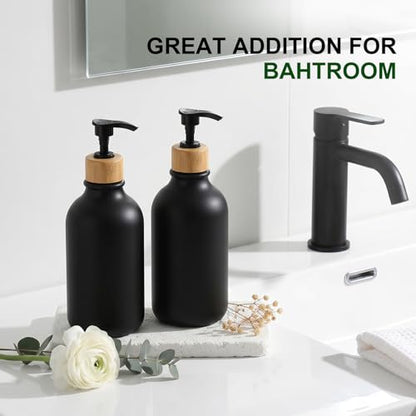 KASUNTING Hand Soap Dispenser Bathroom, Black Dish Soap Dispenser for Kitchen, 17 Fl Oz Plastic Hand and Dish Soap Dispensers Set with Bamboo Pump, 2 Pack Refillable Liquid Lotion Containers Bottle - color: Black, size: 2 Bottles
