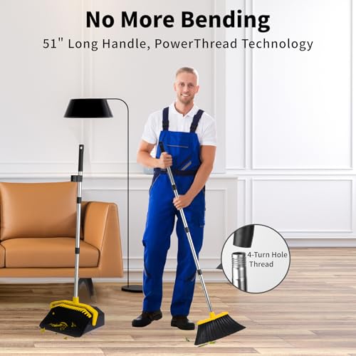 Broom and Dustpan Set for Home, 51" Long Handle Standing Pan Black Yellow - color: Yellow and Black
