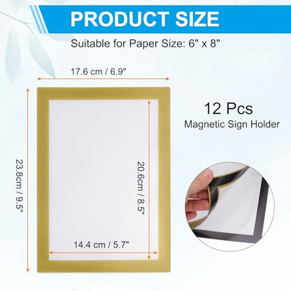 PATIKIL 6 x 8 Inch Magnetic Sign Holder, 12Pcs Self-Adhesive Soft Magnetic Border Wall Mount PVC Picture Frames Document Holder for Wall Window Home Office Store Poster, Gold - color: Gold