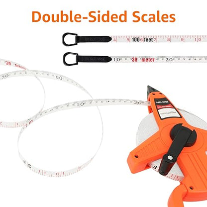 Amazon Basics Open Reel Fiberglass Measuring Tape, Versatile, Reliable, Shock-Absorbing Handle, Inch/Metric Scale, Impact Resistant Shell, 100-feet (30-Meters) by 1/2-Inch, Orange