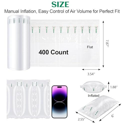 Air Pillows for Shipping with Hand Pump - 400 Count 3.54 x 7.87 in 50 Gallons Air Cushion– Inflatable Air Bags - Box Filler Packing Materials - Alternative to Packing Peanuts & Bubble Wrap - color: Deflated (Pump included), size: 400 Count