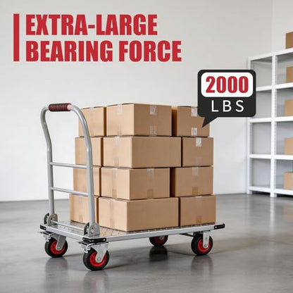 Heavy Duty 1800LBS Steel Platform Truck Cart – 36"x24" Flatbed Push Cart, 6" Swivel Wheels & Brakes, Collapsible Handle, Utility Dolly for Warehouse & Garage - color: Silver