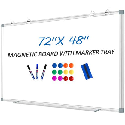 Max-officoo White Board Dry Erase Whiteboard for Wall 72" x 48" Aluminum Presentation Magnetic Whiteboards with 4 Hooks, 12 Magnets, 3 Markers & 1 Eraser - size: 72"x48"