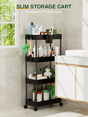 LEHOM Slim Rolling Storage Cart - 4 Tiers Bathroom Organizer Utility Cart - color: Black