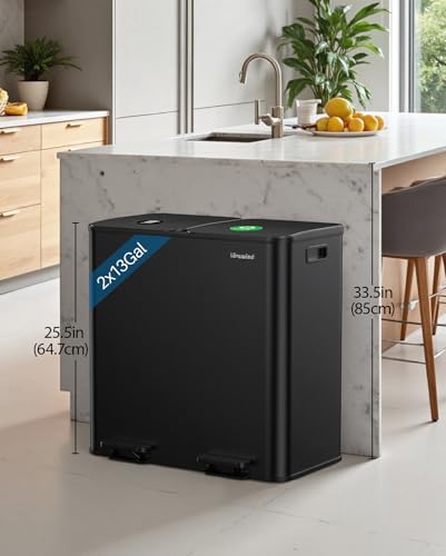 Dual Trash and Recycling Bins for Kitchen, 2×13 Gallon (2× 50L) Stainless Steel Trash and Recycle Bin Combo with Soft-Close Lid, Large Garbage Cans for Kitchen Home with 2 Magnets Sticker, Black - color: Black