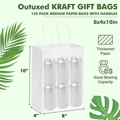 OUTUXED 150pcs White Paper Bags with Handles, 8x4x10 Gift Bags with Handles - color: White 8x4x10in, size: 1 Count (Pack of 150)