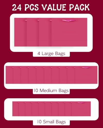 qiqee 24PCS Bright Pink Gift Bags with Tissue Paper - color: Bright Pink, size: Multi Wide/24pcs