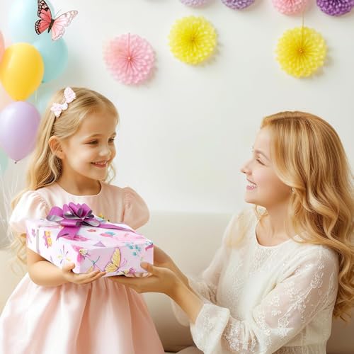 WERNNSAI Butterfly Wrapping Paper 17In x 33Ft Wrapping Paper Birthday Girl - color: Pink Butterfly 002