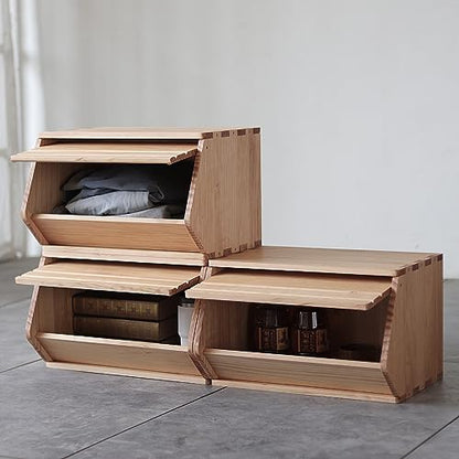 Stackable Solid Wood Storage Chests, Modular Bins with Lids, 19.5"W - size: 15.25"D x 19.5"W x 12.25"H