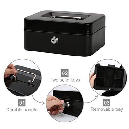 Decaller Cash Box with Money Tray, Medium Metal Locking Money Box with Key Lock for Security, 7.87" x 6.30" x 3.54", Black - color: Black, size: Medium (7.8 Inch)