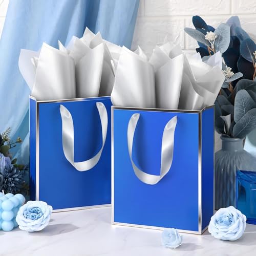 Yeaqee 50 Pcs Metallic Paepr Gift Bags Bulk with Handles,Royal Blue, Silver - color: Royal Blue, Silver