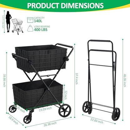 Spurgehom 2-Tier Shopping Cart for Groceries Folding Grocery Cart On Wheels with Removable Double Baskets 360° Rolling Utility Cart with Oxford Cloth Liner, Black - size: Extra Large