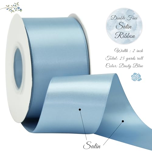 Dusty Blue Satin Ribbon - 2 Inch French Blue Silk for Christmas Tree & Wedding Bouquet - 25 Yards - color: Dusty Blue