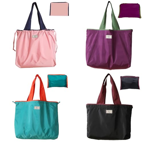 4 PC Foldable Reusable Shopping Bag 210D Nylon Waterproof Travel Grocery Tote with Drawstring Mouth & Reinforced Handle - color: Group 2