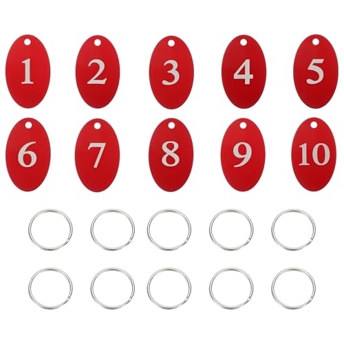 PATIKIL 10PCS Number Tags 1-10, Number Key Tags Aluminum Numbered Keychain Metal Oval with Key Rings for Organizer Field Sales Hangers Clothes Labels ID, Red - color: Red