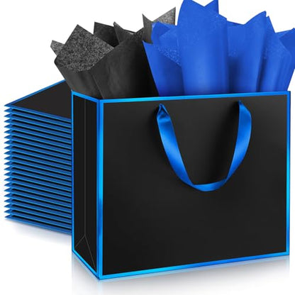 ReliThick 12 Pack Paper Gift Bag with Handles & Tissue, Black, Blue - color: Black, Blue