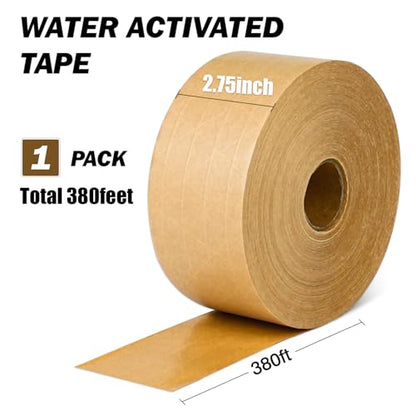 Water-Activated Kraft Paper Reinforced Tape, 1-Pack, 2.75 inches x 380 feet, for Heavy-Duty Secure Packaging and Shipping, Environmentally Friendly and Biodegradable