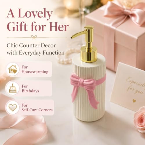 Ceramic Pink Bow Soap Dispenser, Cute Coquette Pump Dispenser, Refillable Hand Lotion Bottle, Preppy Accessories for Bathroom Kitchen Decor