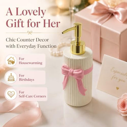 Ceramic Pink Bow Soap Dispenser, Cute Coquette Pump Dispenser, Refillable Hand Lotion Bottle, Preppy Accessories for Bathroom Kitchen Decor