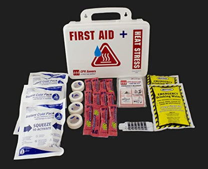 CPR Savers Heat Stress Relief First Aid Kit – Workplace Heat Safety Kit with Cold Packs, Electrolyte Drink Mix, Thermometers, Emergency Water & Solar Blanket