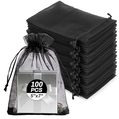 Sukh Black Organza Bags 5"x7" - 100PCS Small Mesh Drawstring Gift Bags - color: Black, size: 100 Count (5 x 7 Inches)