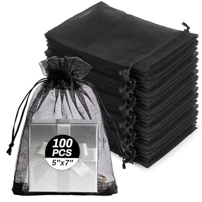 Sukh Black Organza Bags 5"x7" - 100PCS Small Mesh Drawstring Gift Bags - color: Black, size: 100 Count (5 x 7 Inches)