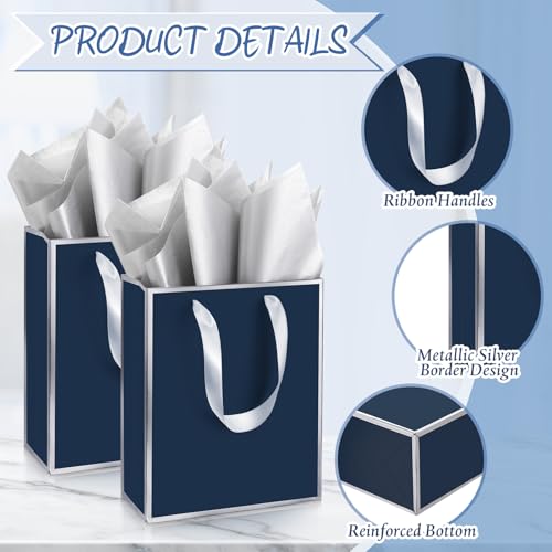 Yeaqee 24 Pack Metallic Paper Gift Bags, Navy Blue, Silver - color: Navy Blue, Silver