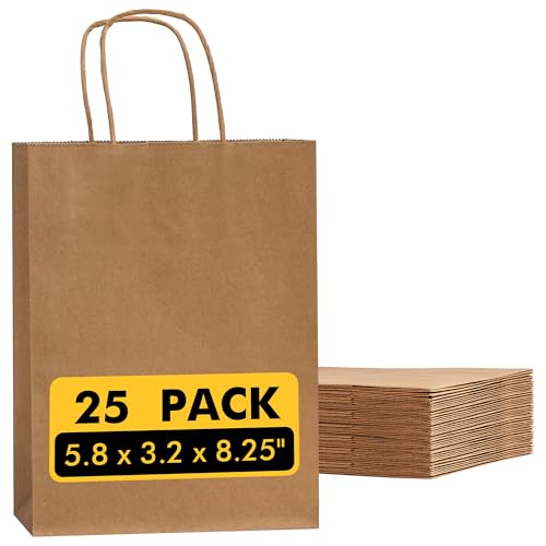 RACETOP Small Brown Kraft Paper Bags 25 Pack 5.8x3.2x8.25 in - color: Brown 5.8x3.2x8.25, size: 1 Count (Pack of 25)