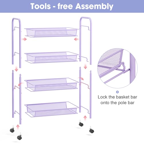 TOOLF 4 Tier Rolling Cart, Metal Utility Storage Cart with Wheels, Purple - color: Purple, size: 4-Tier
