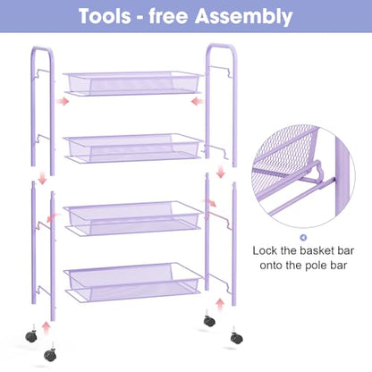 TOOLF 4 Tier Rolling Cart, Metal Utility Storage Cart with Wheels, Purple - color: Purple, size: 4-Tier