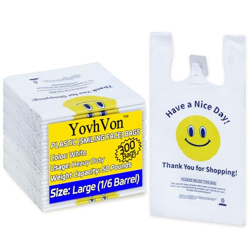 YovhVon 0.8Mil(20 Microns), 300 Count, Plastic Bags with Handles, T-Shirt bags, Thank You bags, Shopping Bag, Grocery Bag, |for Store, Carry, Pack|, White, 1/6 Barrel, Large 11"x6"x21", Heavy Duty