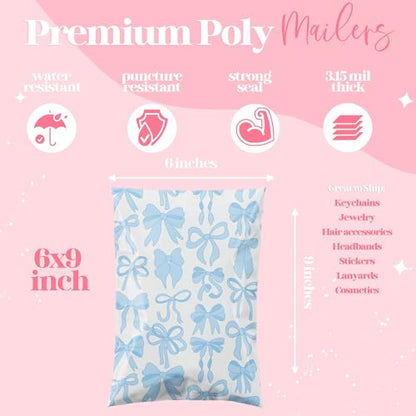 Pretty Package Store Poly Mailers 6x9, Blue Bows, 100 Pack - color: Blue Bows, size: 6x9